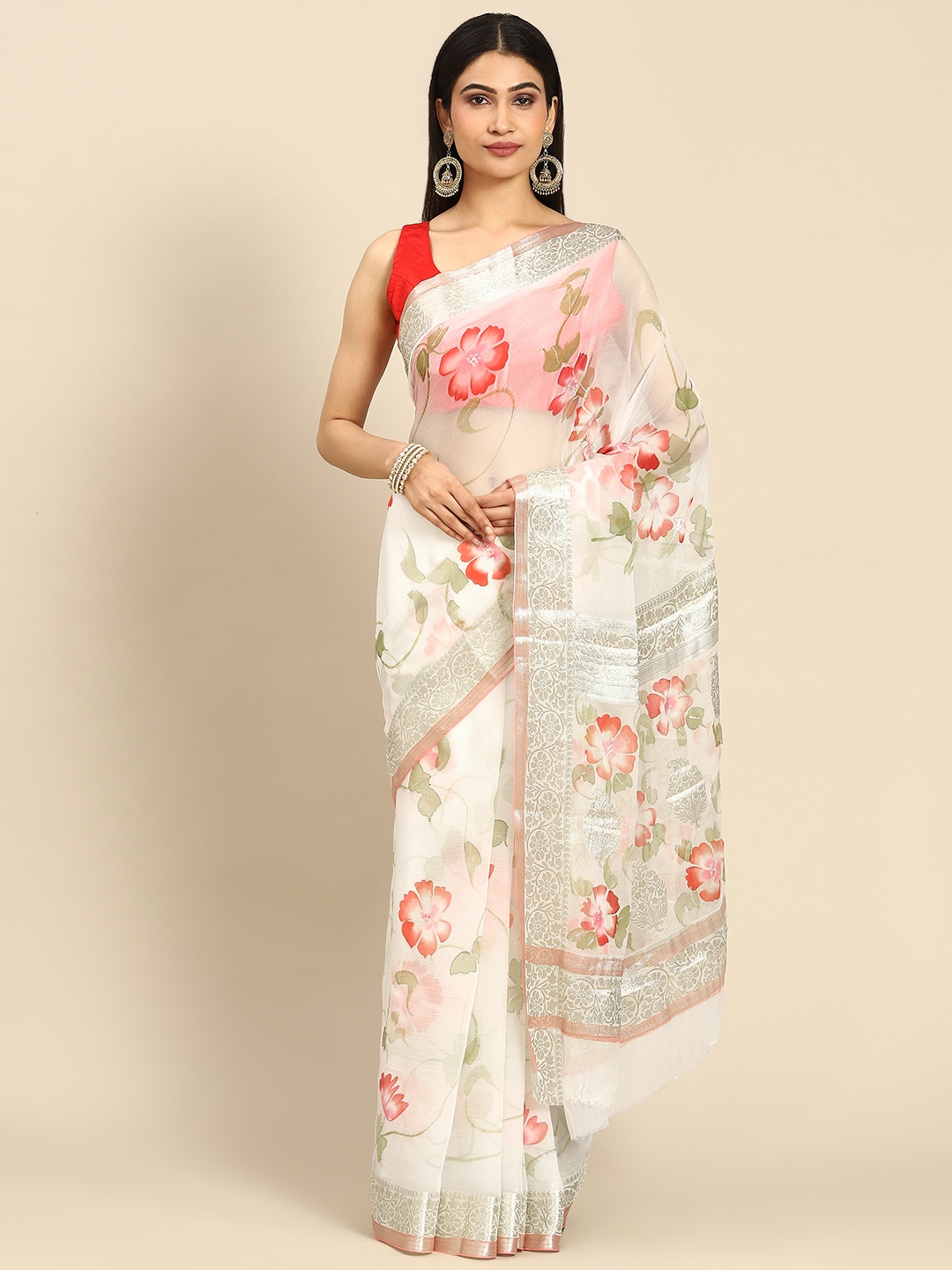 

La Vastraa Hand Designed Banarasi Floral Pure Chiffon Saree, White