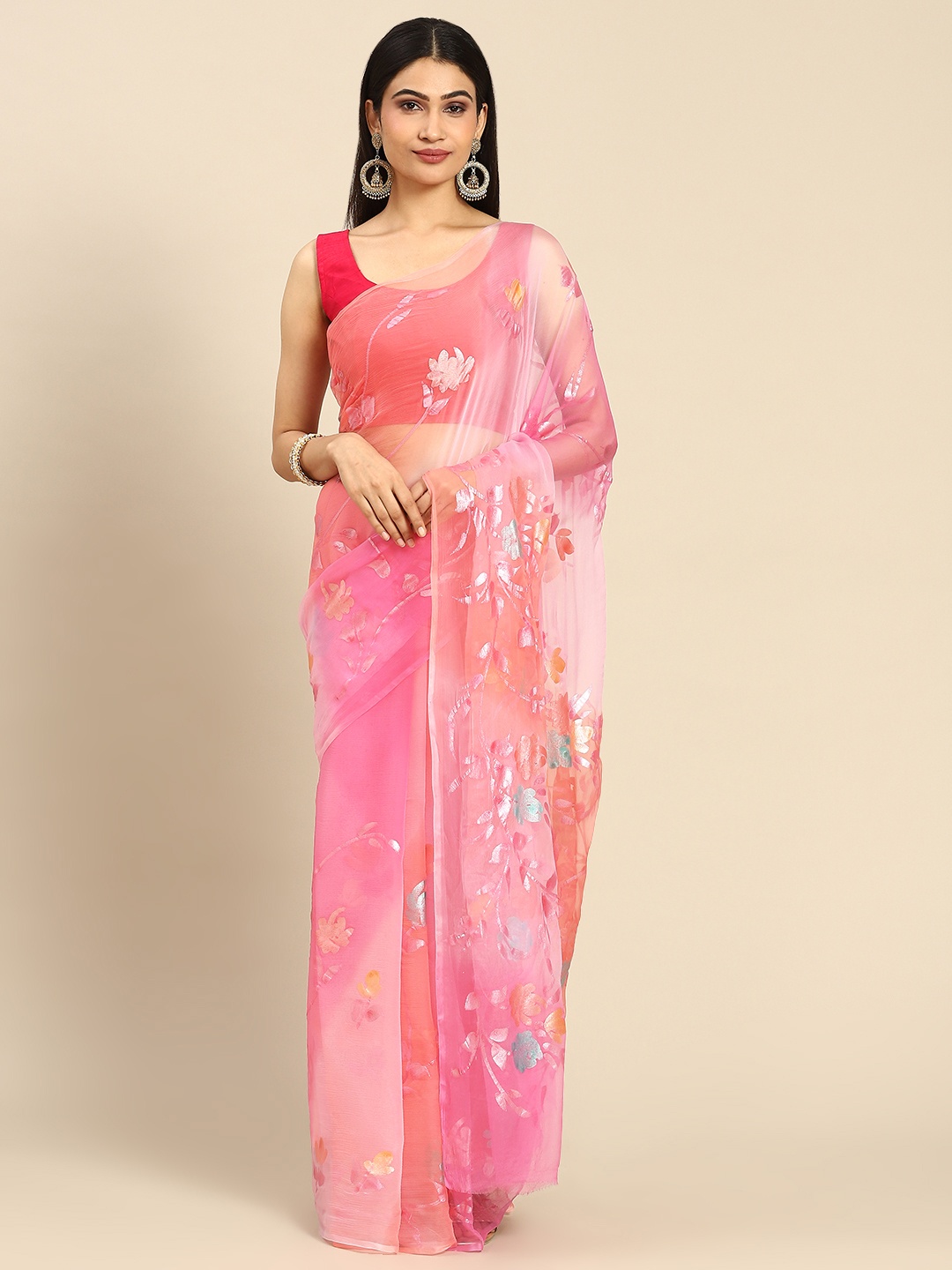 

La Vastraa Pearl Hand Painted Floral Pure Chiffon Saree, Pink
