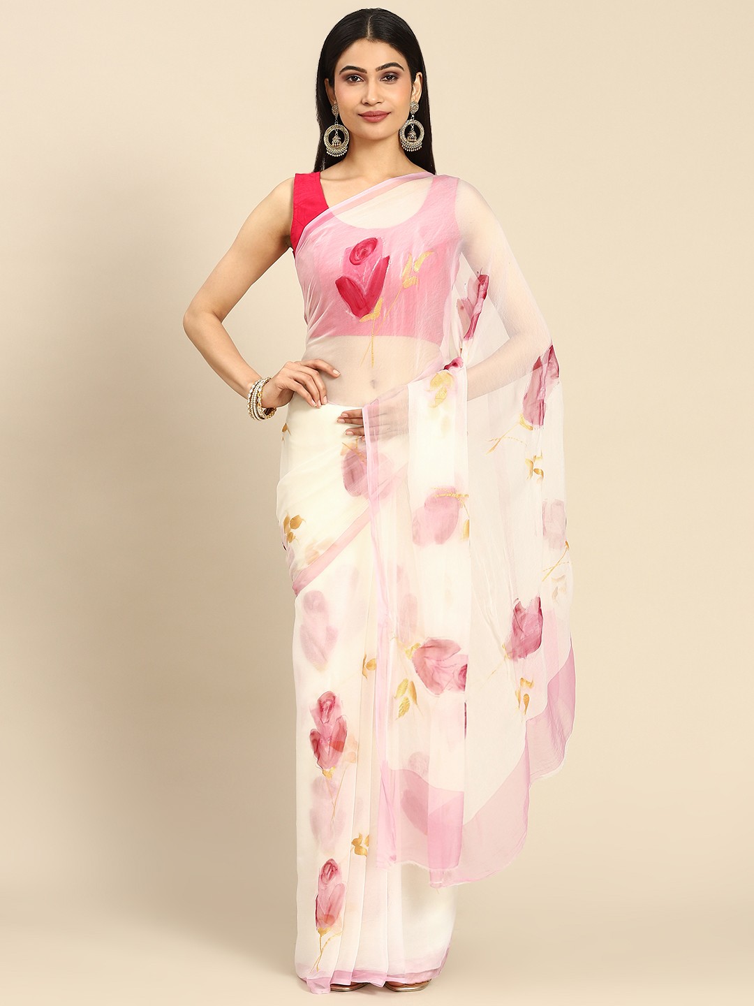

La Vastraa Pearl Hand Painted Floral Pure Chiffon Saree, Cream