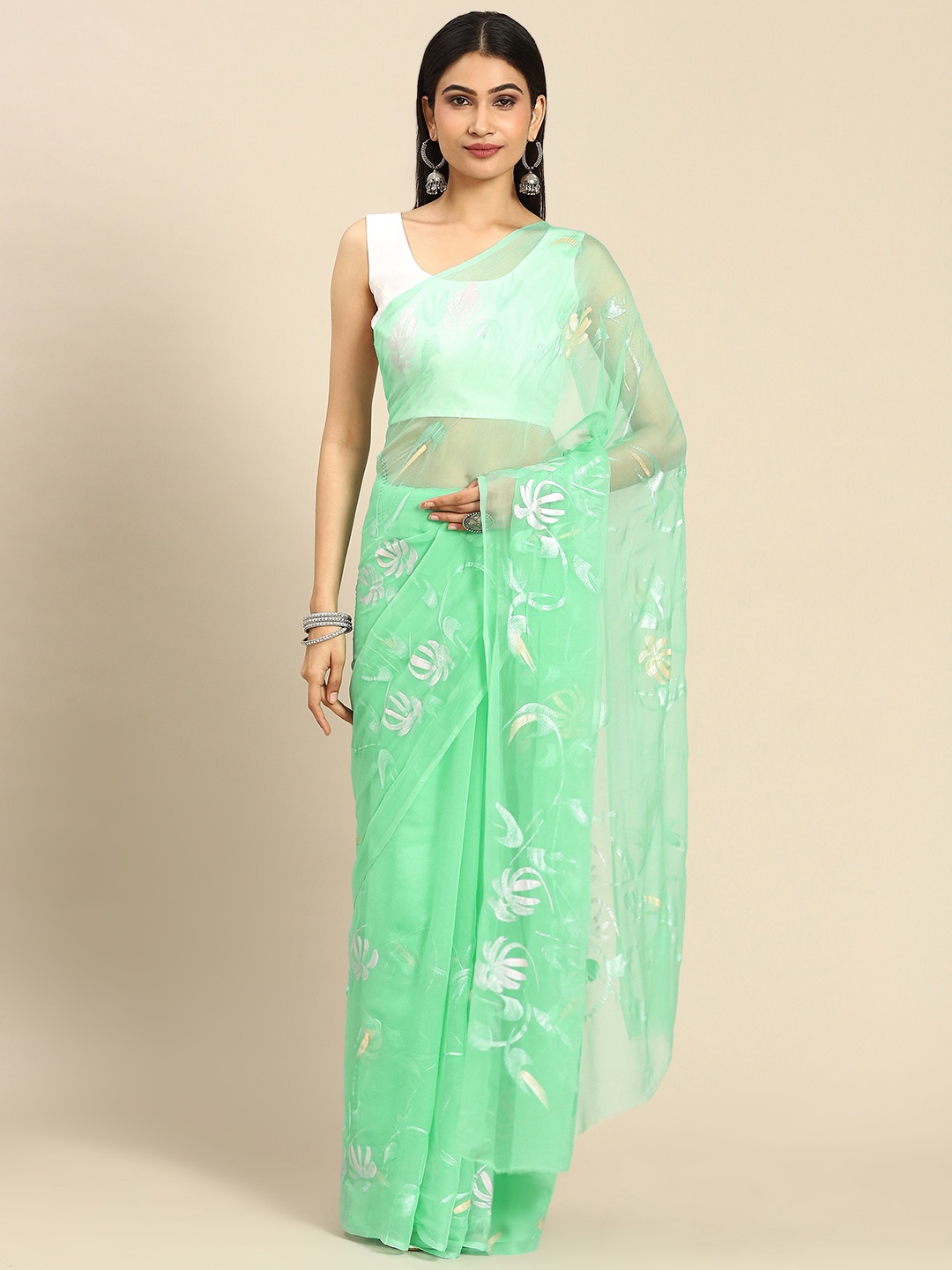 

La Vastraa Pearl Hand Painted Floral Pure Chiffon Saree, Green