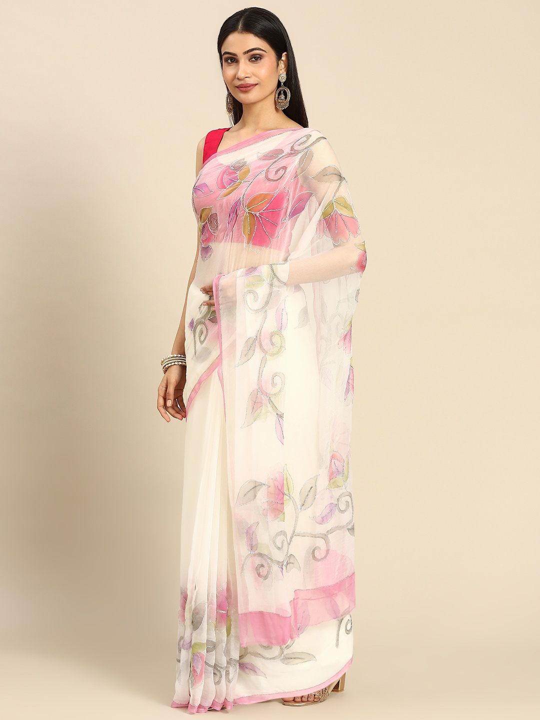 

La Vastraa Floral Zari Pure Chiffon Saree, Off white