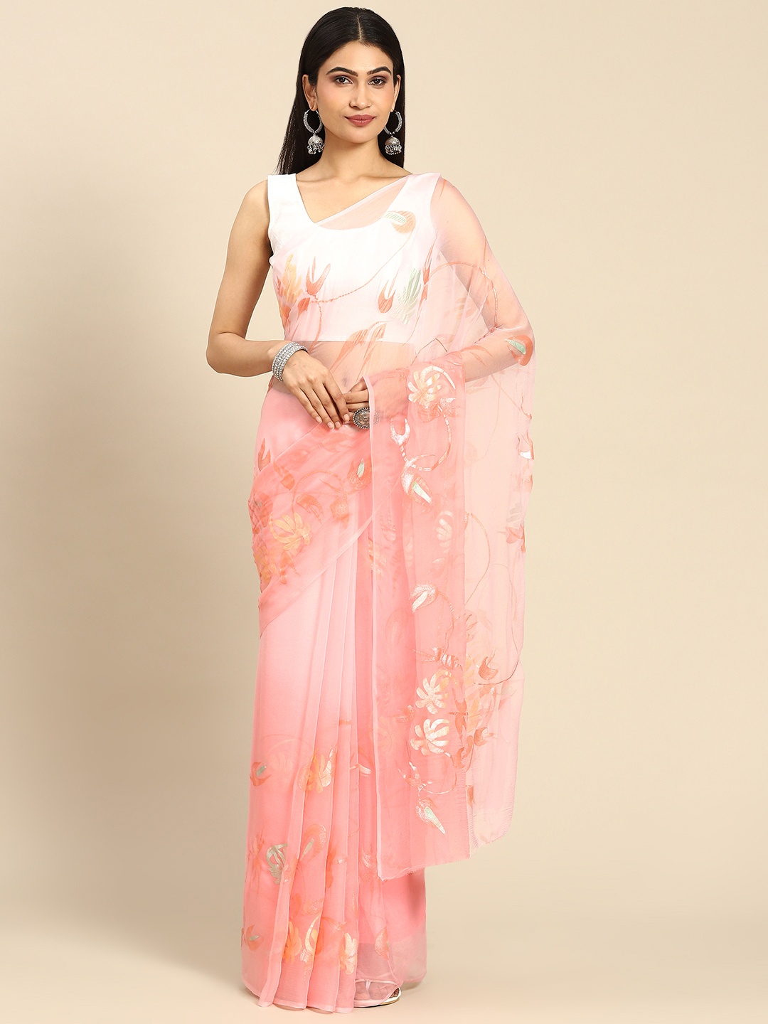 

La Vastraa Pearl Hand Painted Floral Pure Chiffon Saree, Pink