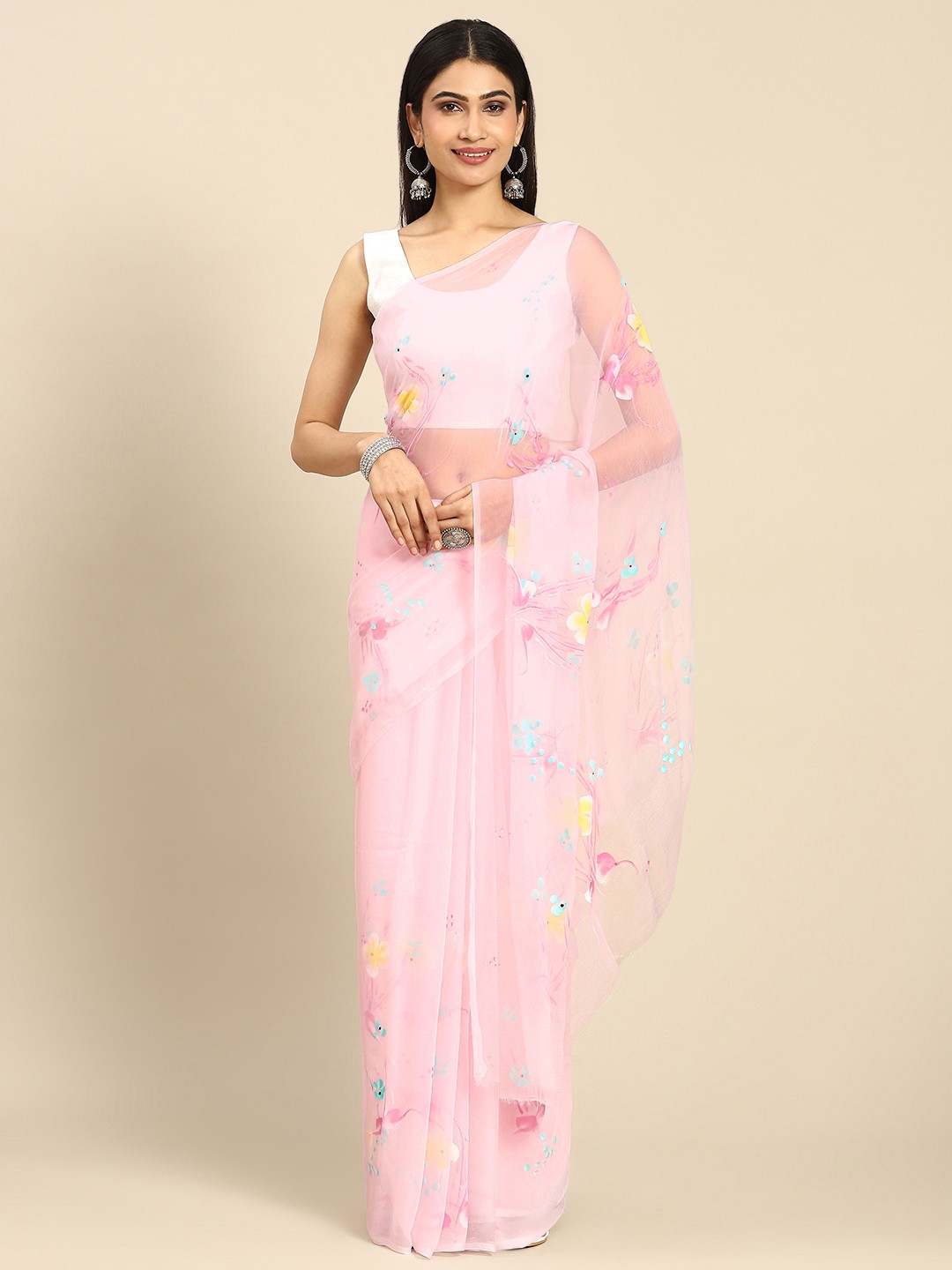 

La Vastraa Hand Designed Floral Pure Chiffon Saree, Pink