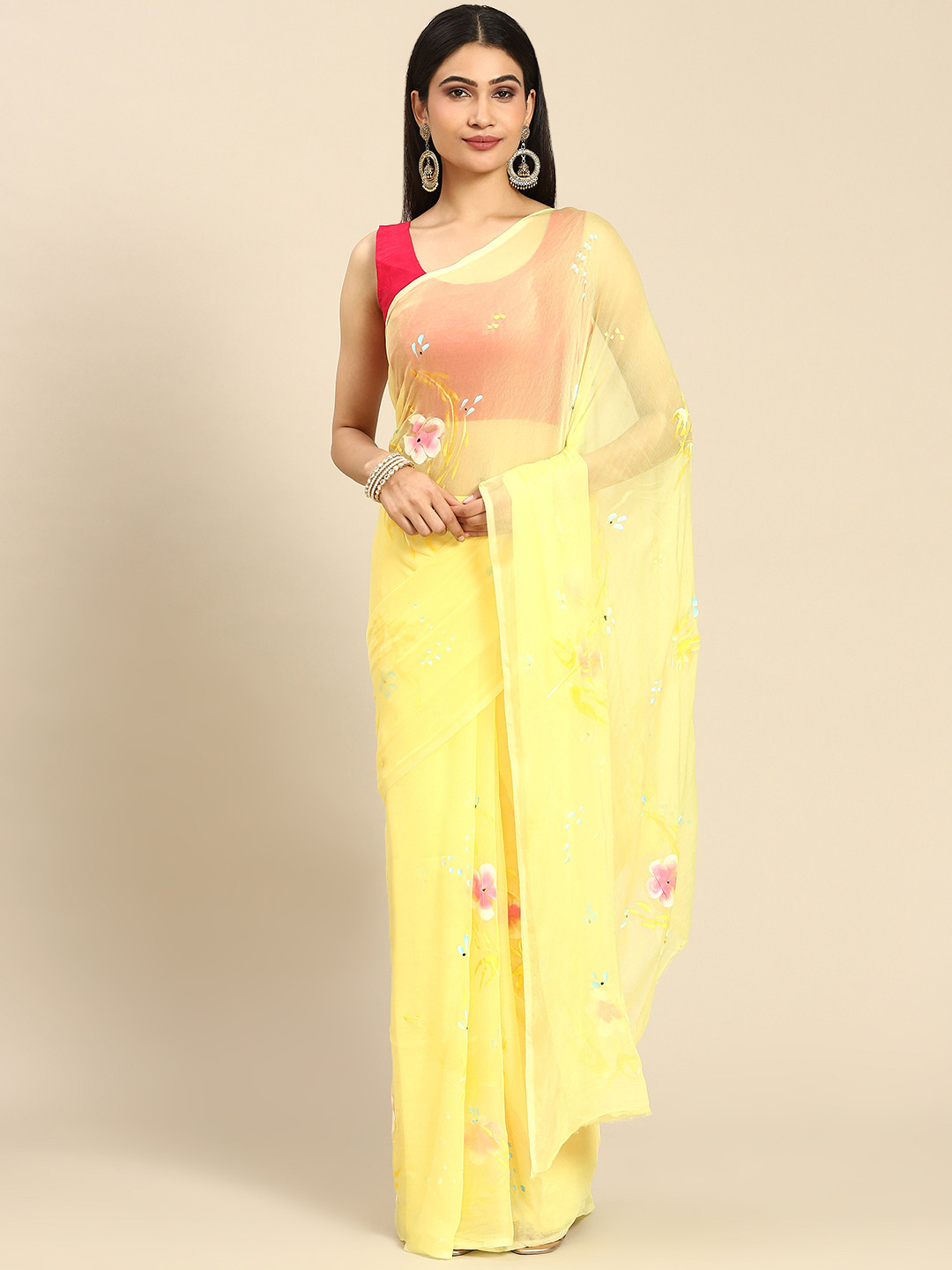 

La Vastraa Hand Designed Floral Pure Chiffon Saree, Yellow