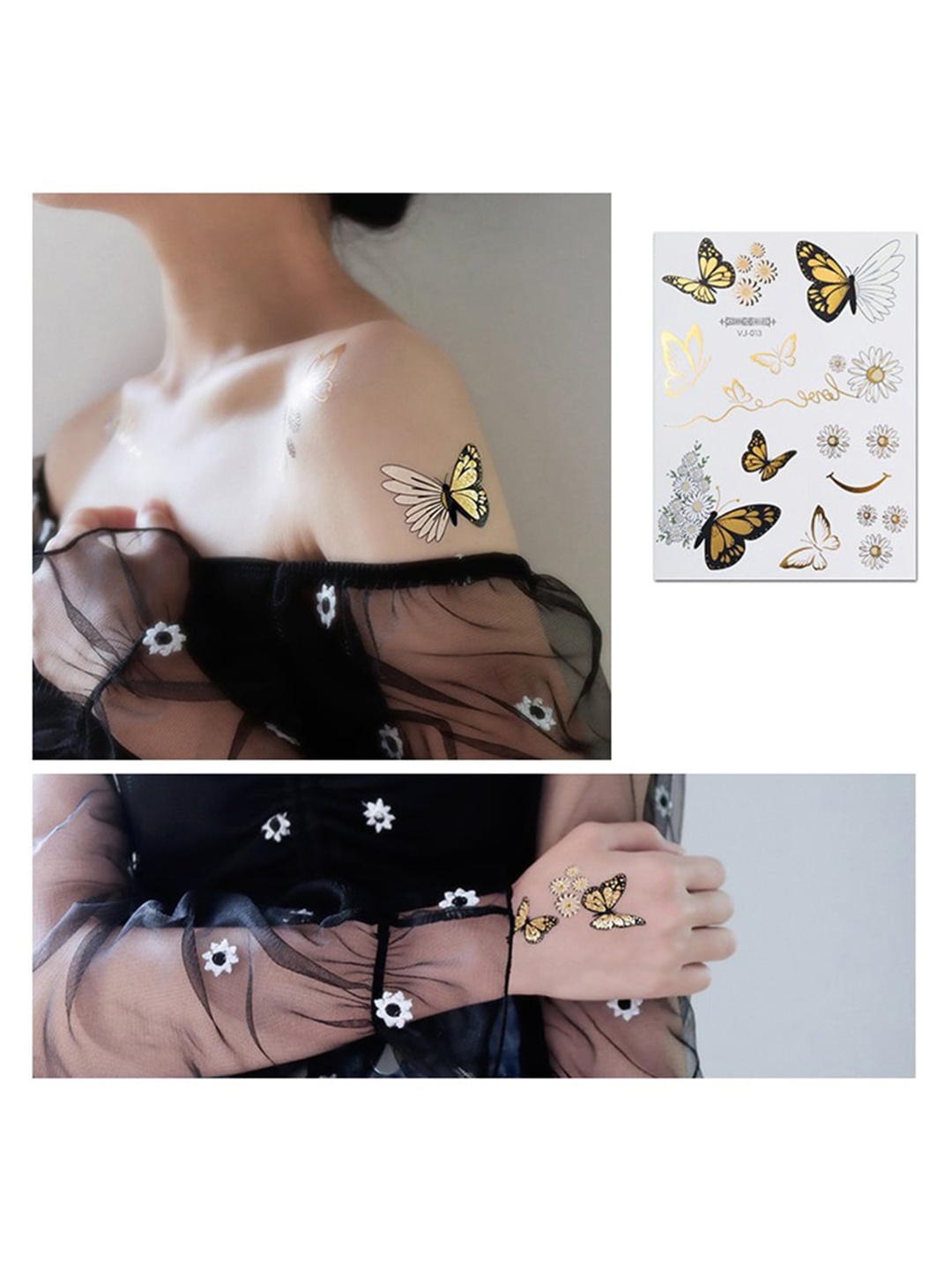 

S.A.V.I. Flash Gold-Toned & Silver Small Butterfly & Flowers Temporary Tattoo Stickers