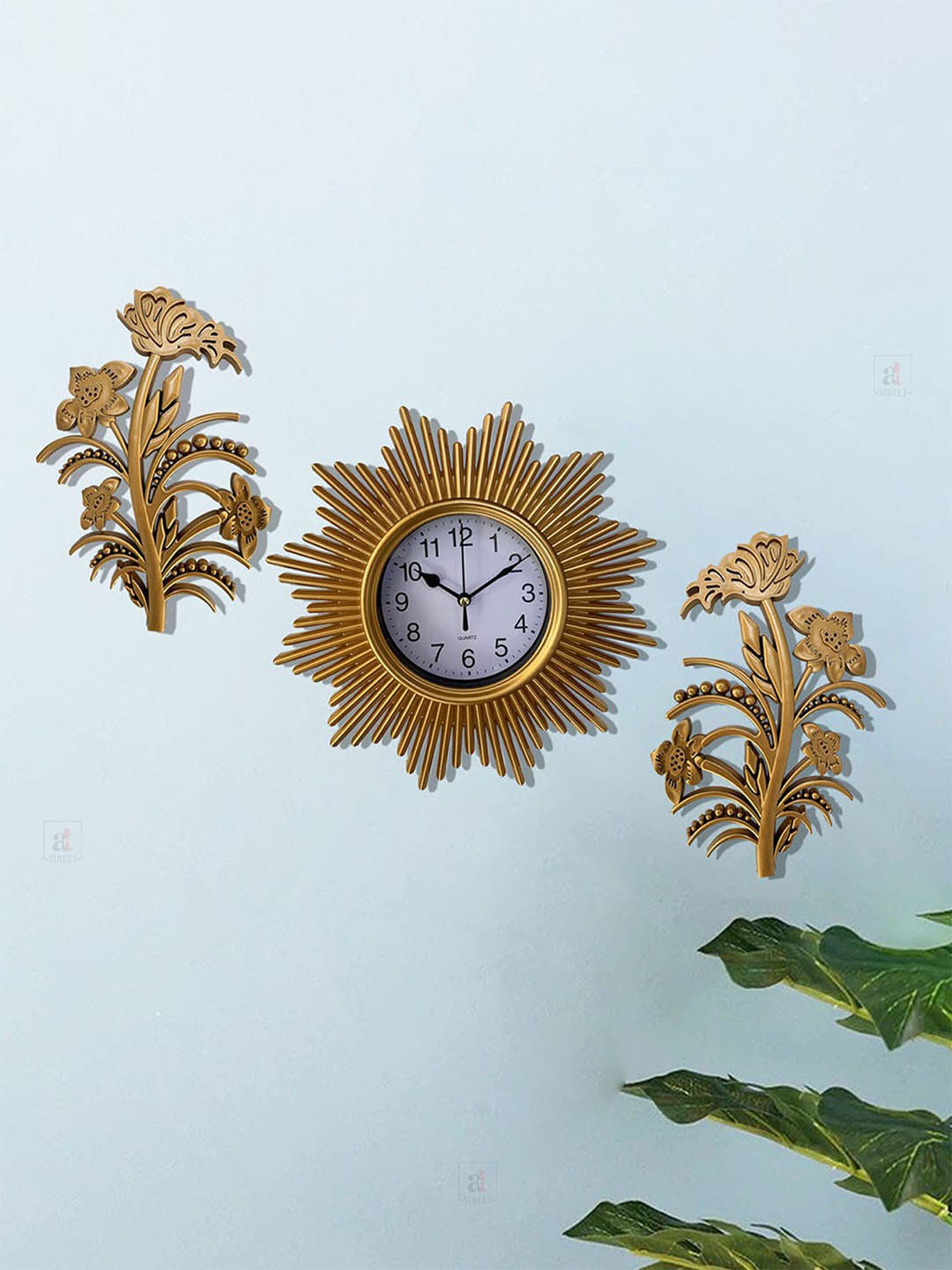 

Art Street Gold-Toned Stylish Modern Decorative Sun Wall Clock With Leaf Set