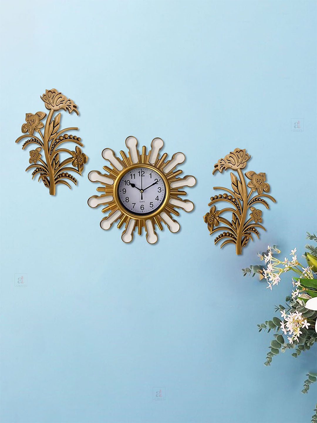 Art Street Gold-Toned Antique Design Decorative Floral Design Wall Clock With Leaf Set