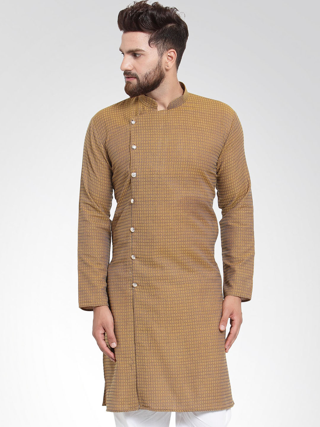 

Jompers Geometric Woven design Jacquard Pure Cotton Kurta, Yellow