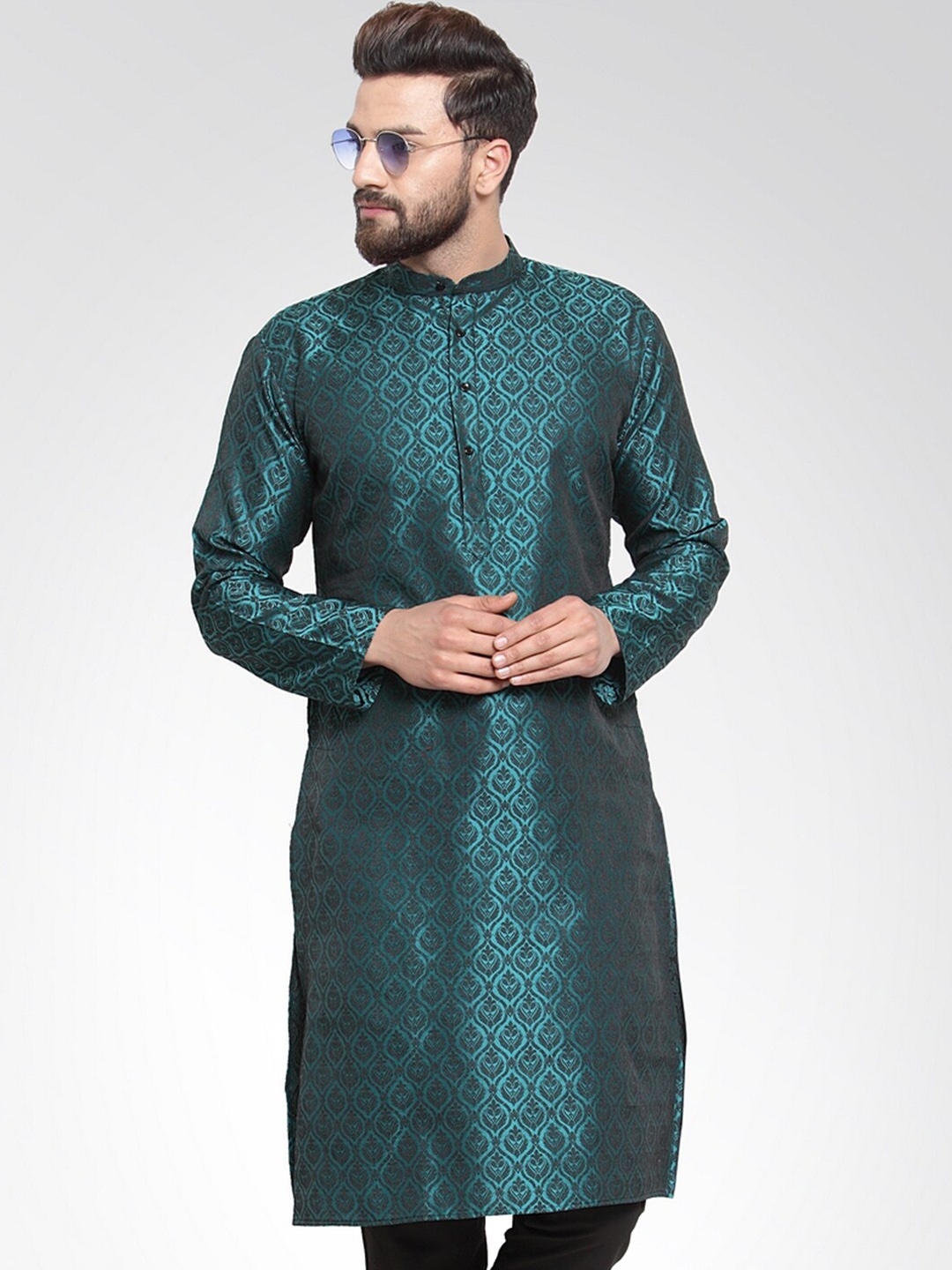 

Jompers Ethnic Motifs Woven Design Mandarin Collar Jacquard Kurta, Green