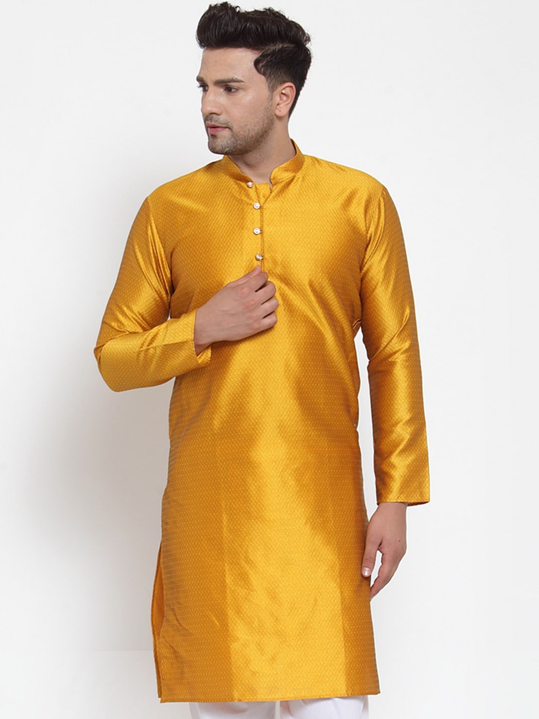 

Jompers Geometric Woven Design Mandarin Collar Jacquard Kurta, Yellow