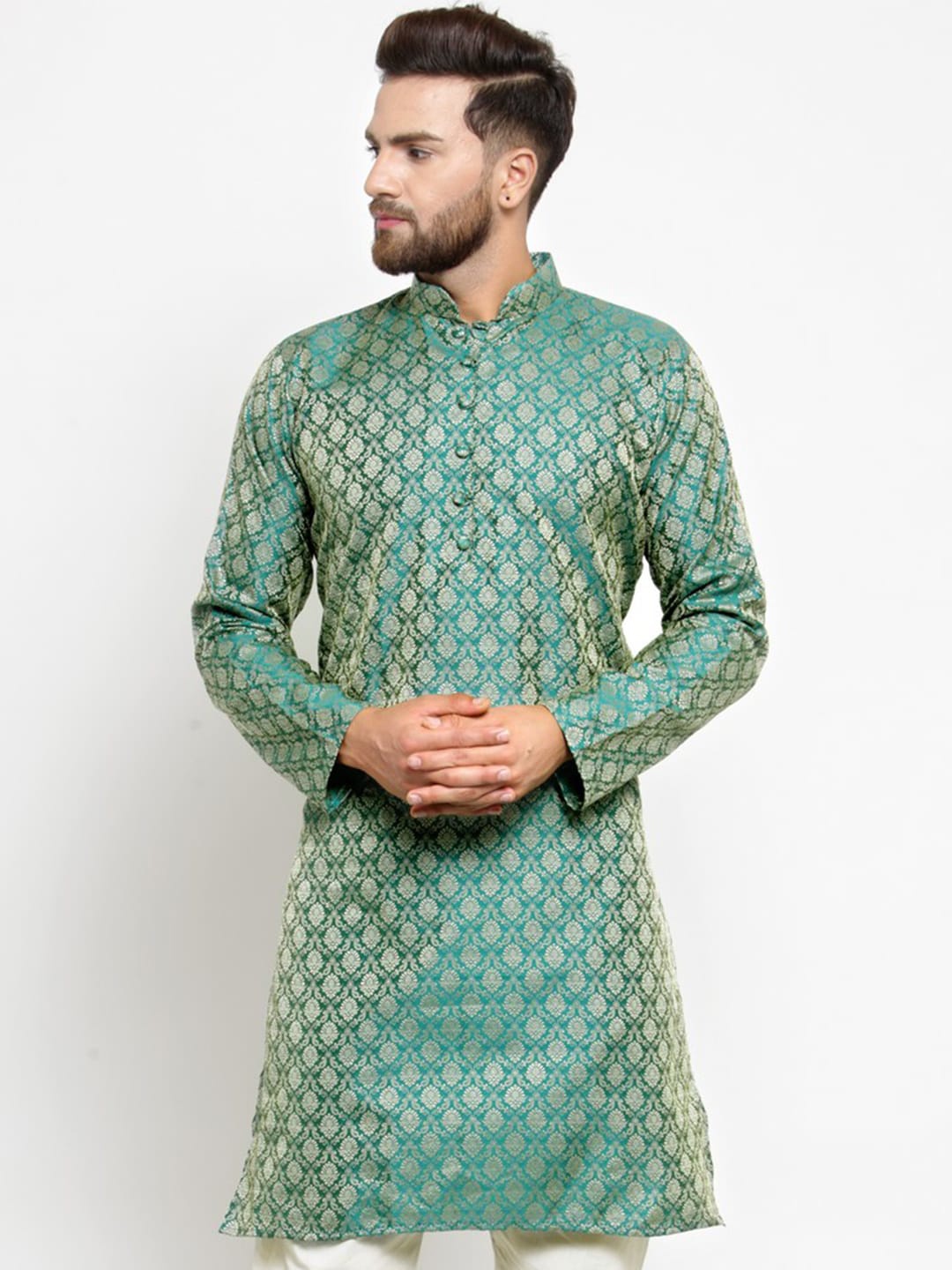 

Jompers Woven Design Mandarin Collar Zari Silk Cotton Kurta, Green