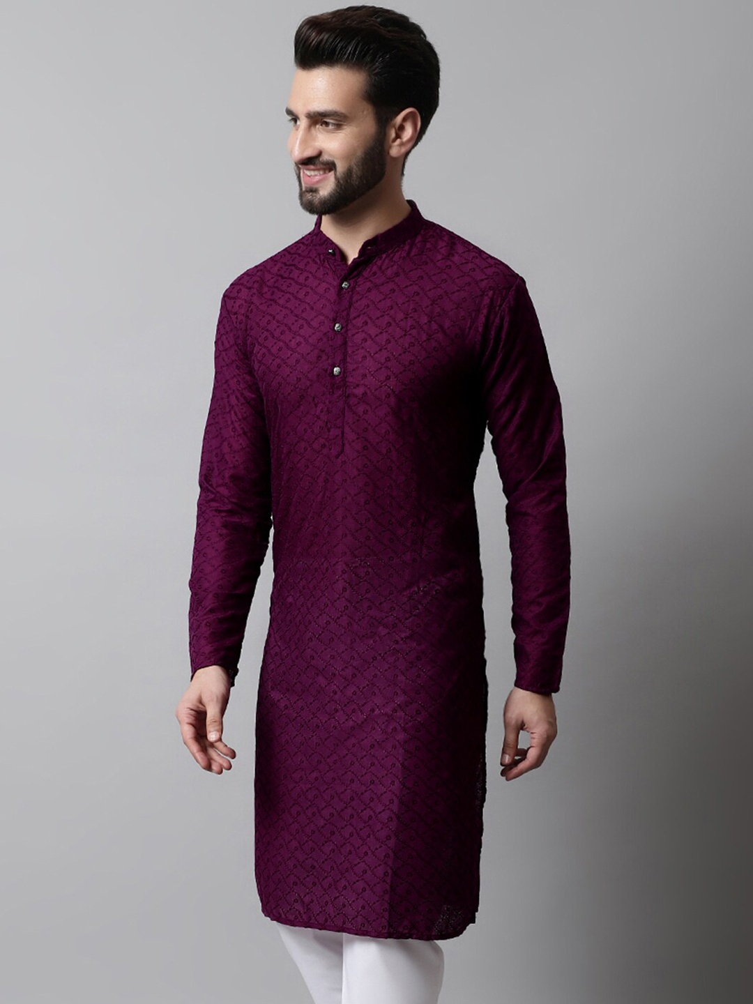 

Jompers Ethnic Motifs Embroidered Thread Work Pure Cotton Kurta, Purple