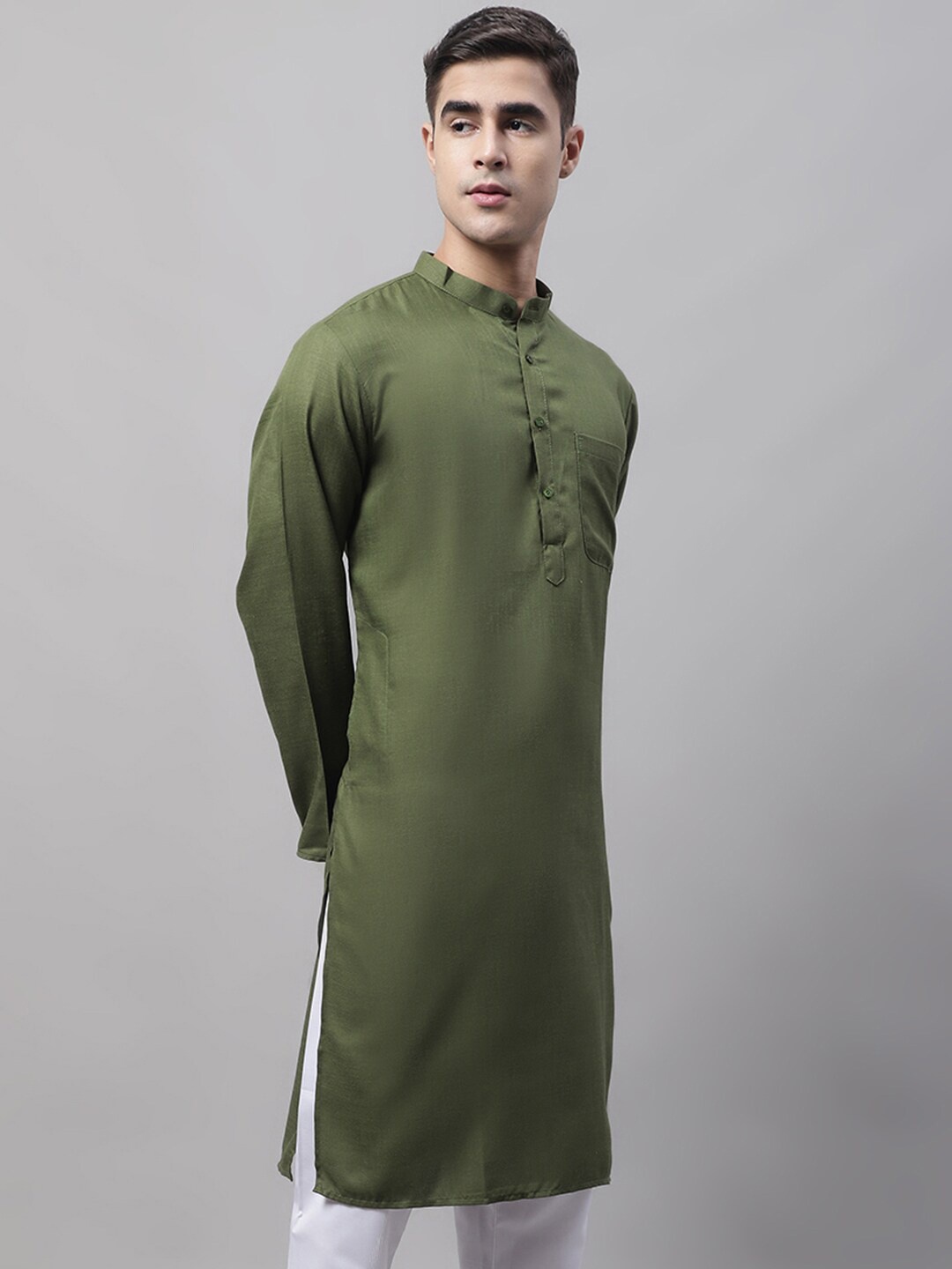 

Jompers Mandarin Collar Long Sleeves Straight Kurta, Green