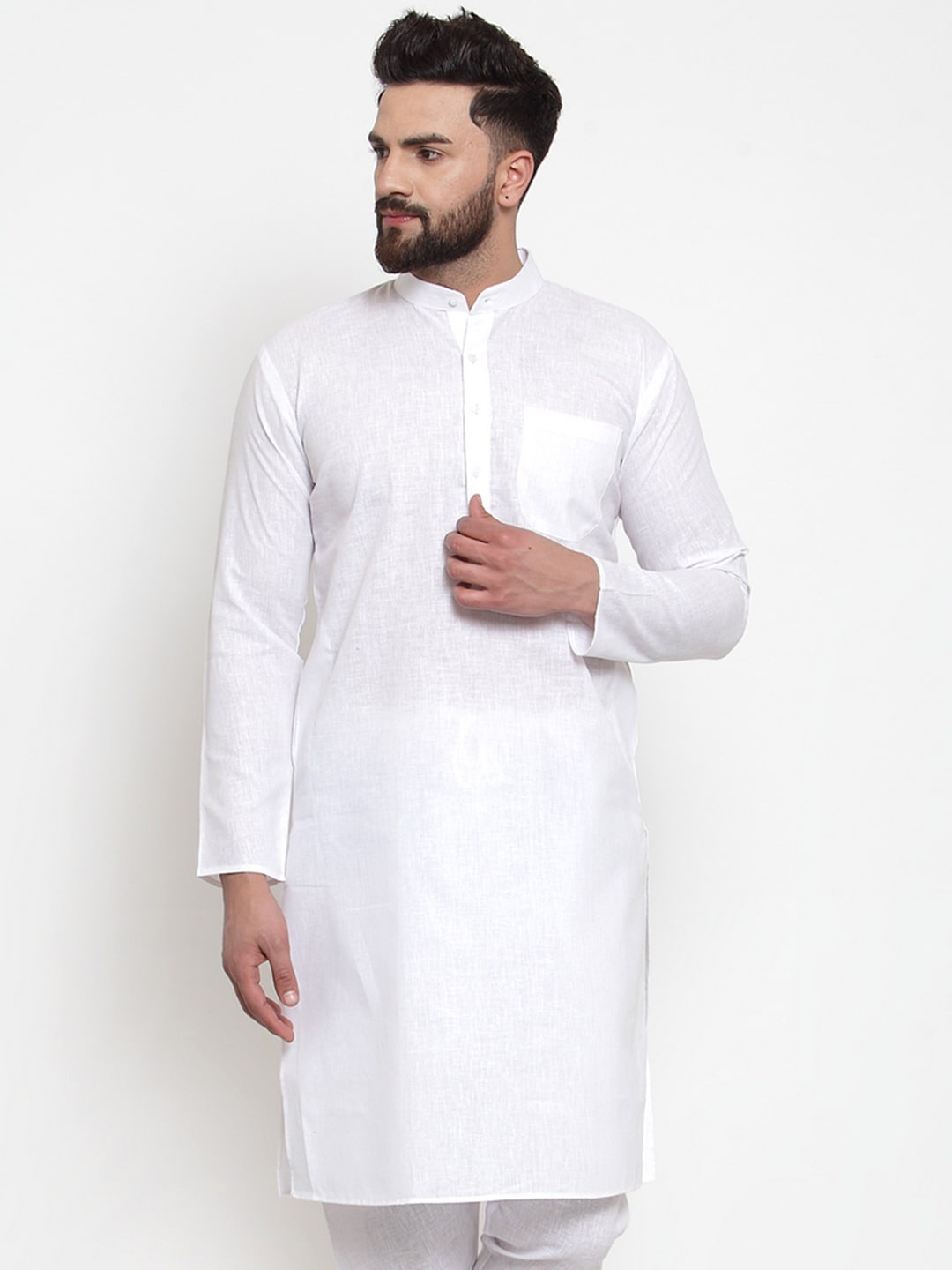 

Jompers Mandarin Collar Long Sleeves Pure Cotton Straight Kurta, White