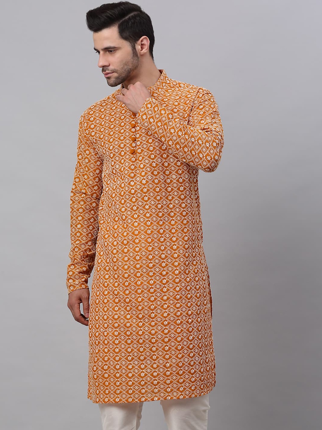 

Jompers Men Mustard Yellow Quirky Printed Mirror Work Kurta