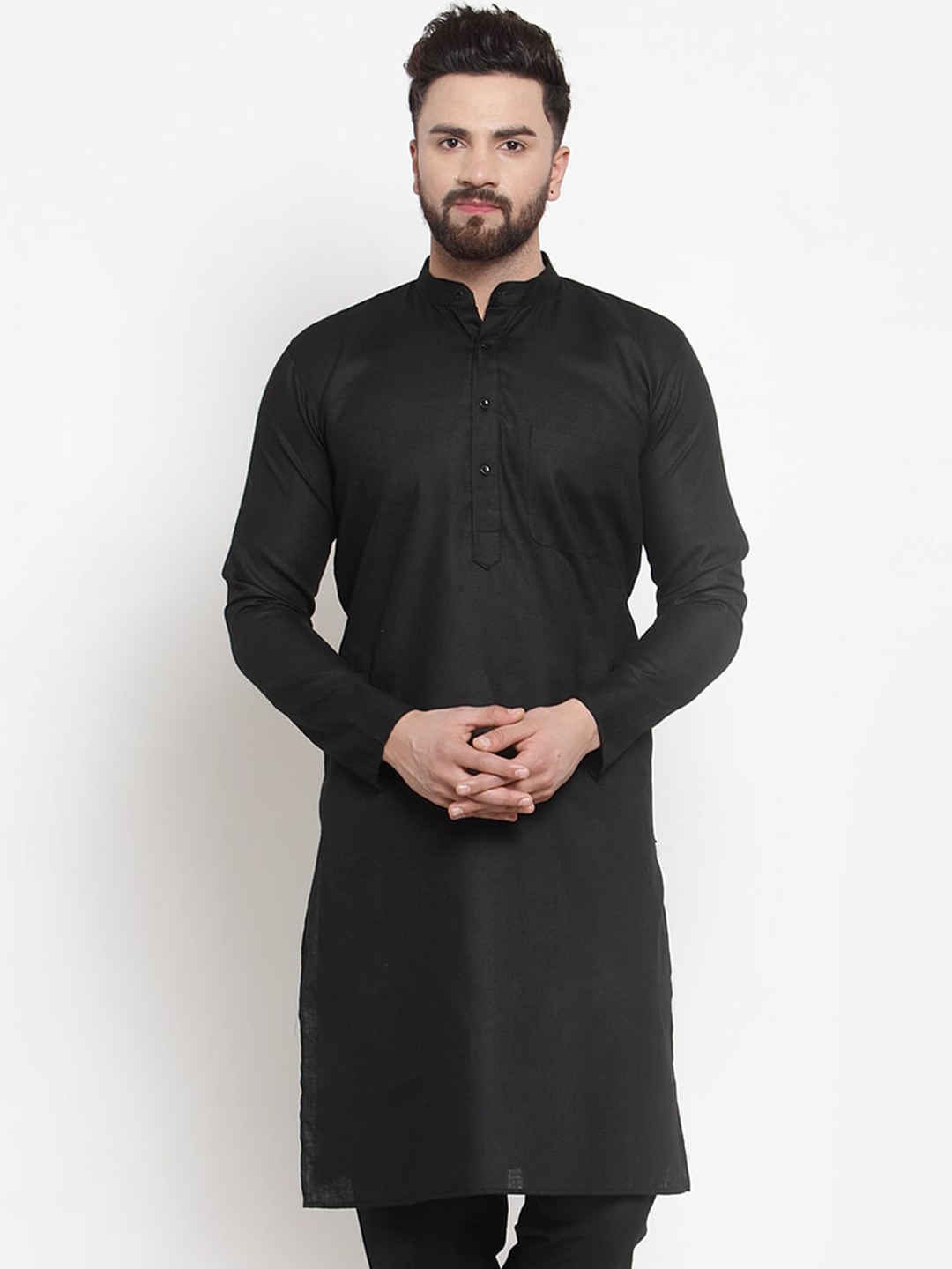 

Jompers Mandarin Collar Long Sleeves Pure Cotton Kurta, Black
