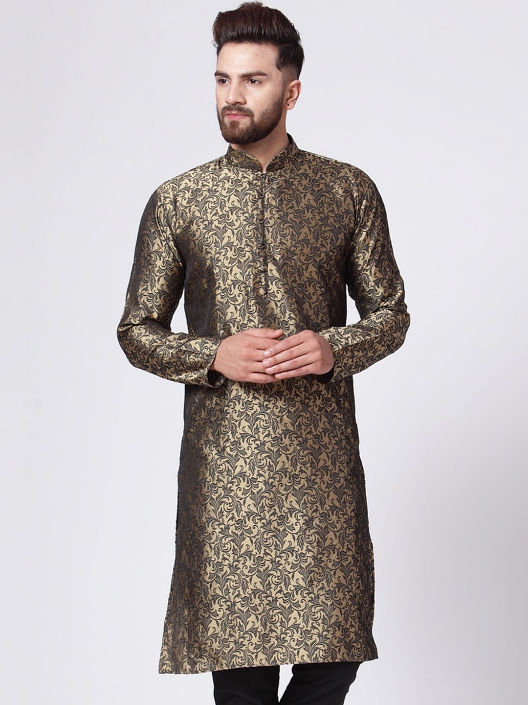 

Jompers Woven Design Mandarin Collar Zari Silk Cotton Kurta, Gold