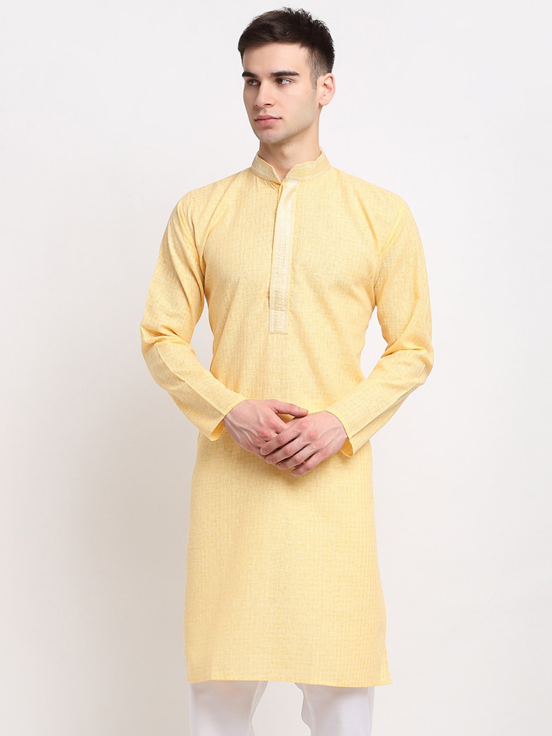 

Jompers Woven Design Mandarin Collar Pure Cotton Kurta, Yellow