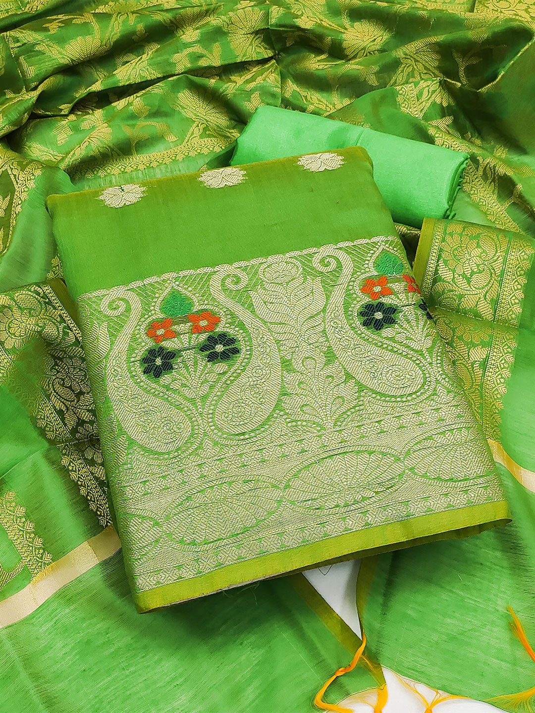

KALINI Ethnic Motifs Woven Design Unstitched Dress Material, Green