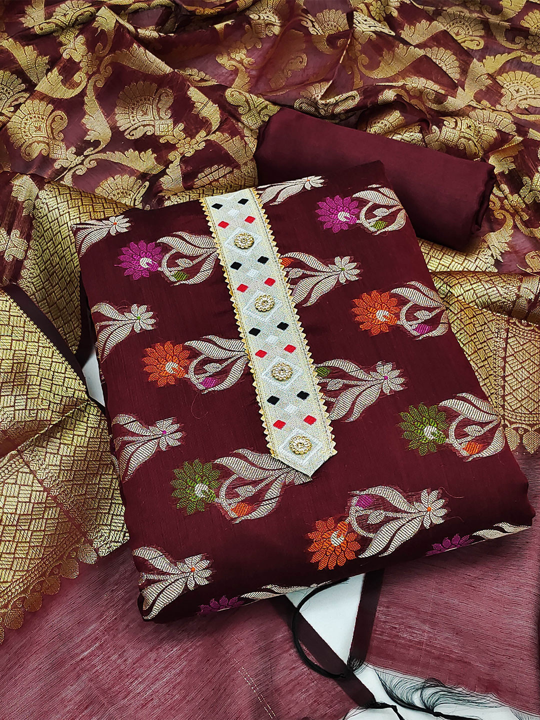 

KALINI Floral Unstitched Dress Material, Maroon