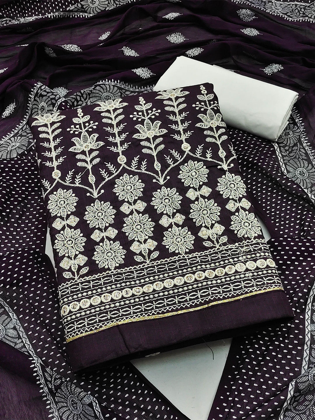 

KALINI Floral Embroidered Pure Cotton Unstitched Dress Material, Purple