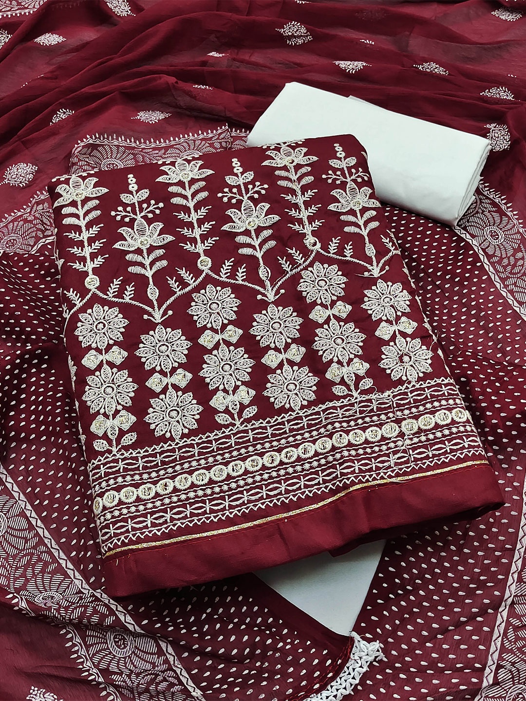 

KALINI Embroidered Pure Cotton Unstitched Dress Material, Maroon