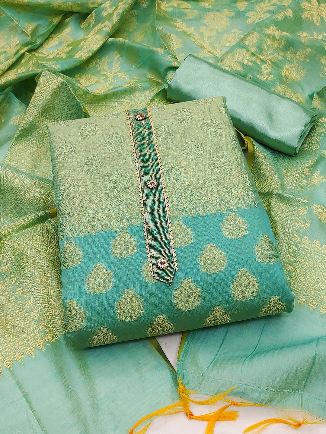

KALINI Ethnic Motifs Woven Design Unstitched Dress Material, Sea green