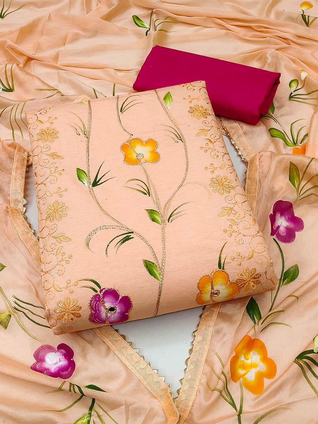 

KALINI Embroidered Unstitched Dress Material, Peach