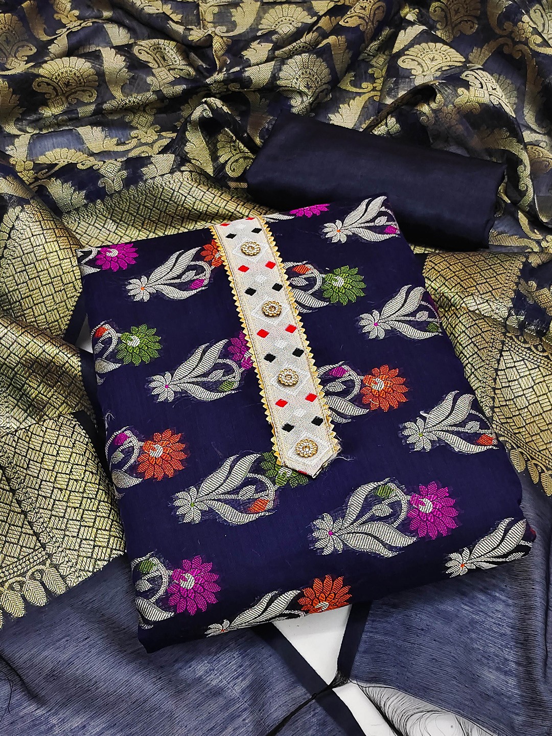

KALINI Floral Woven Design Unstitched Dress Material, Blue