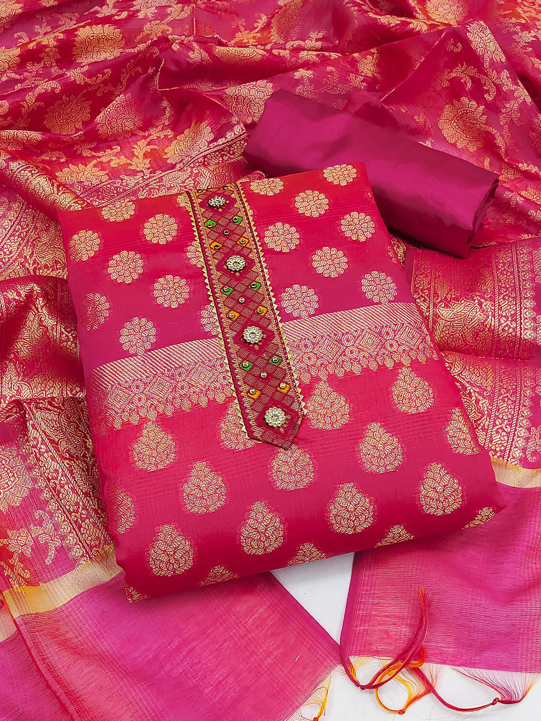 

KALINI Woven Design Unstitched Dress Material, Pink