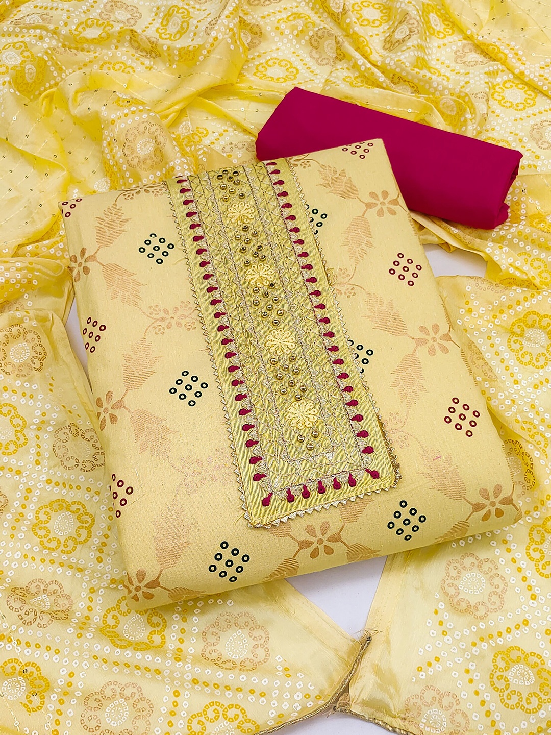 

KALINI Embroidered Unstitched Dress Material, Yellow