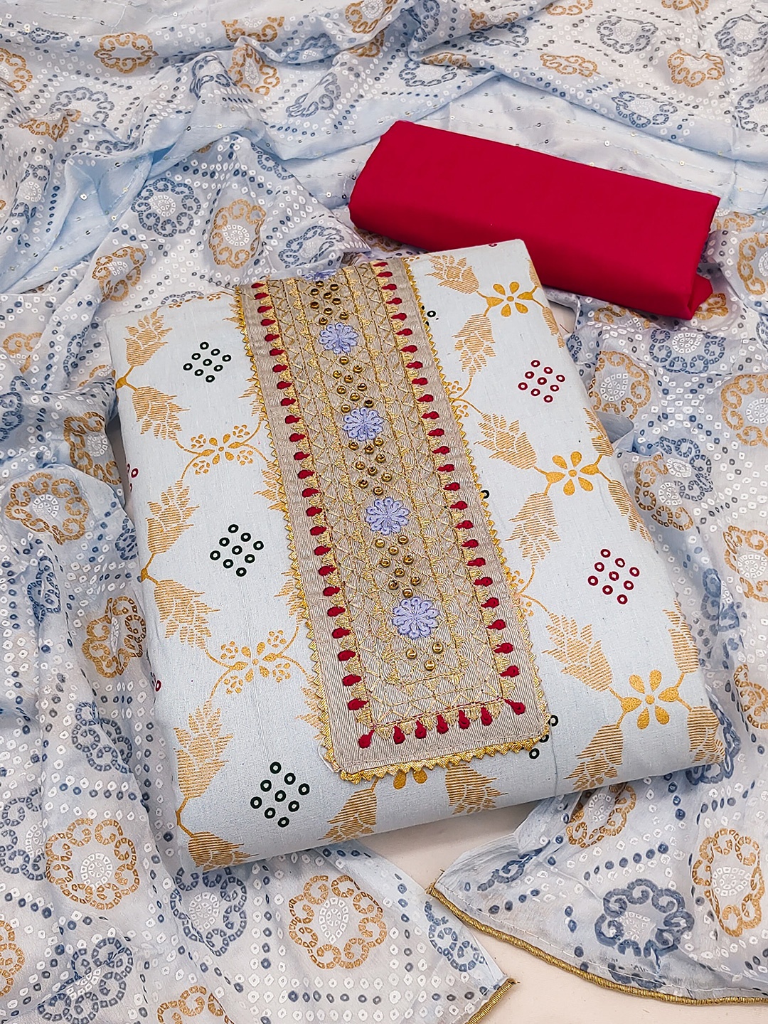 

KALINI Embroidered Unstitched Dress Material, Off white