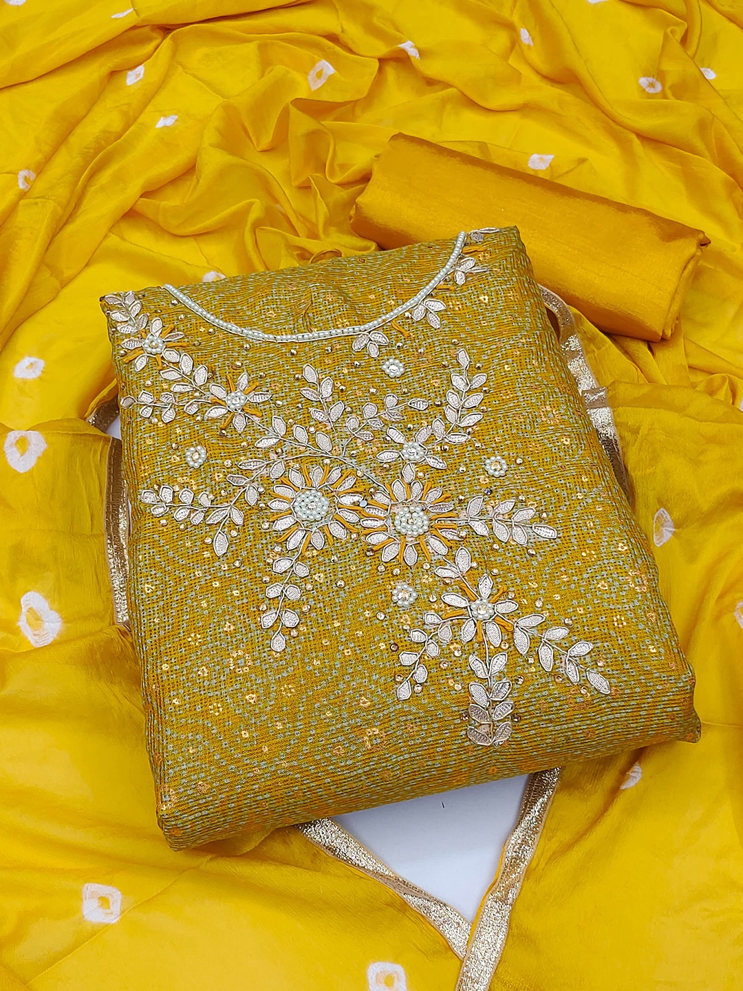 

KALINI Embellished Unstitched Dress Material, Yellow