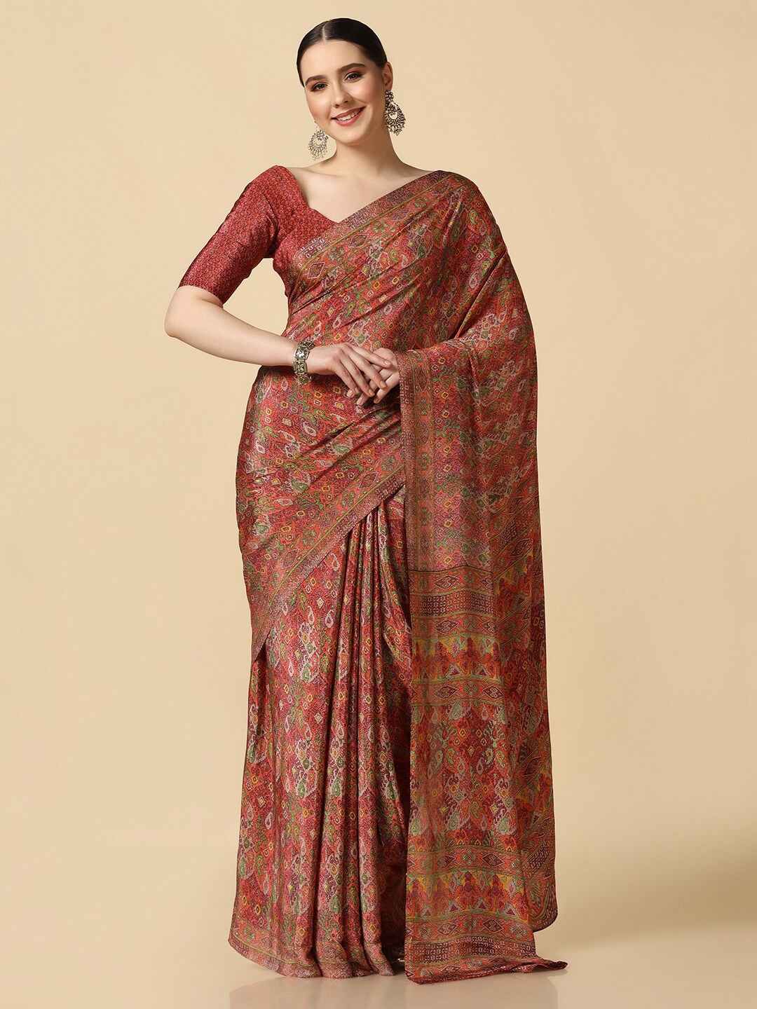 

Satrani Paisley Screen Printed Silk Blend Saree, Brown