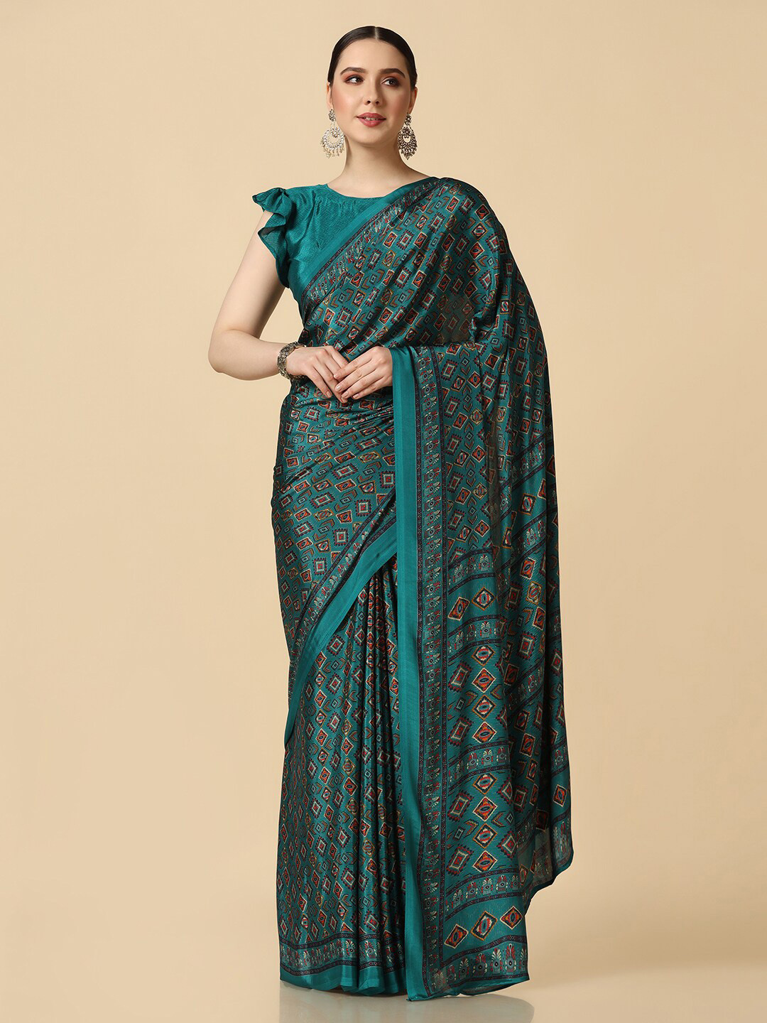 

Satrani Ethnic Motifs Printed Saree, Teal