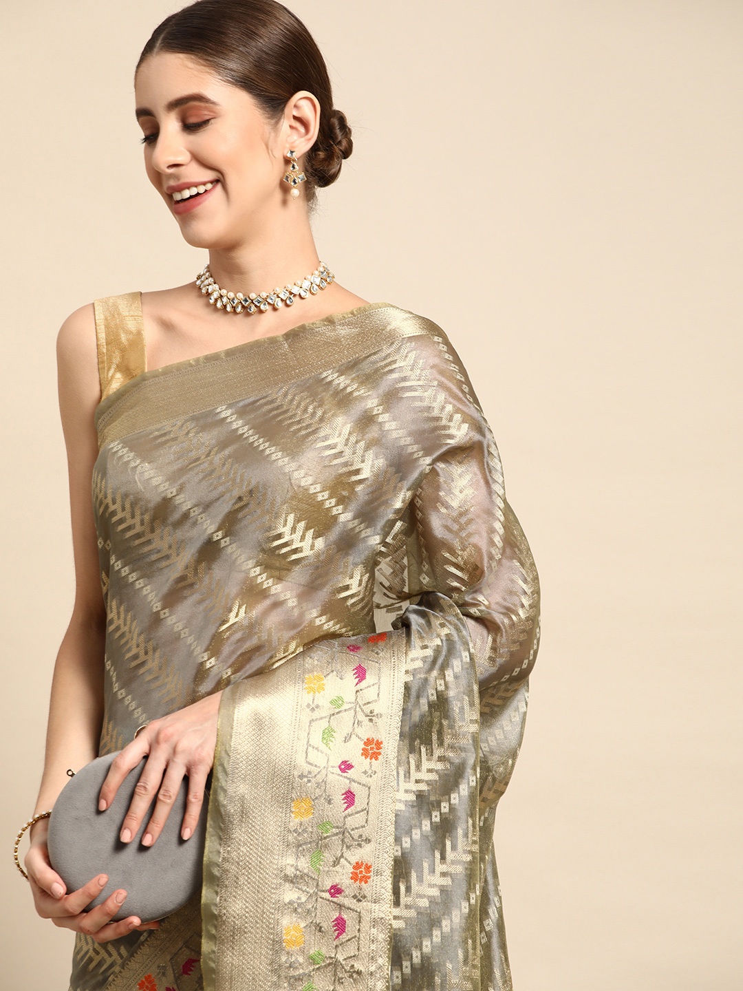

Mitera Woven Design Zari Organza Handloom Kanjeevaram Saree, Grey