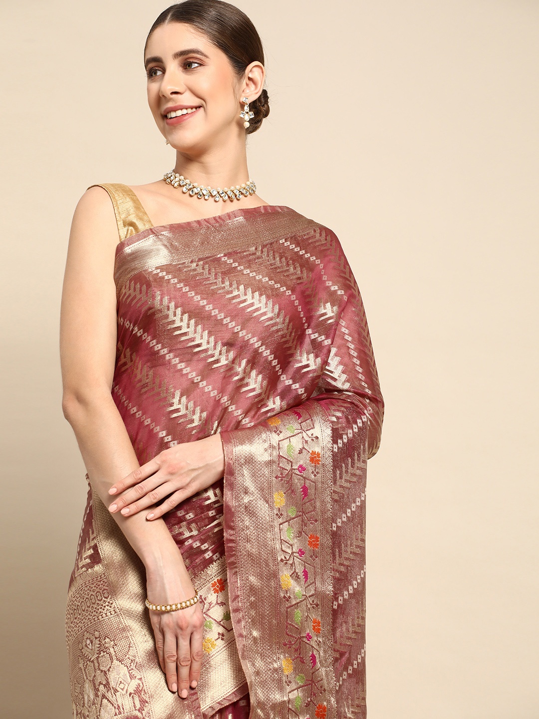 

Mitera Woven Design Zari Organza Handloom Kanjeevaram Saree, Mauve