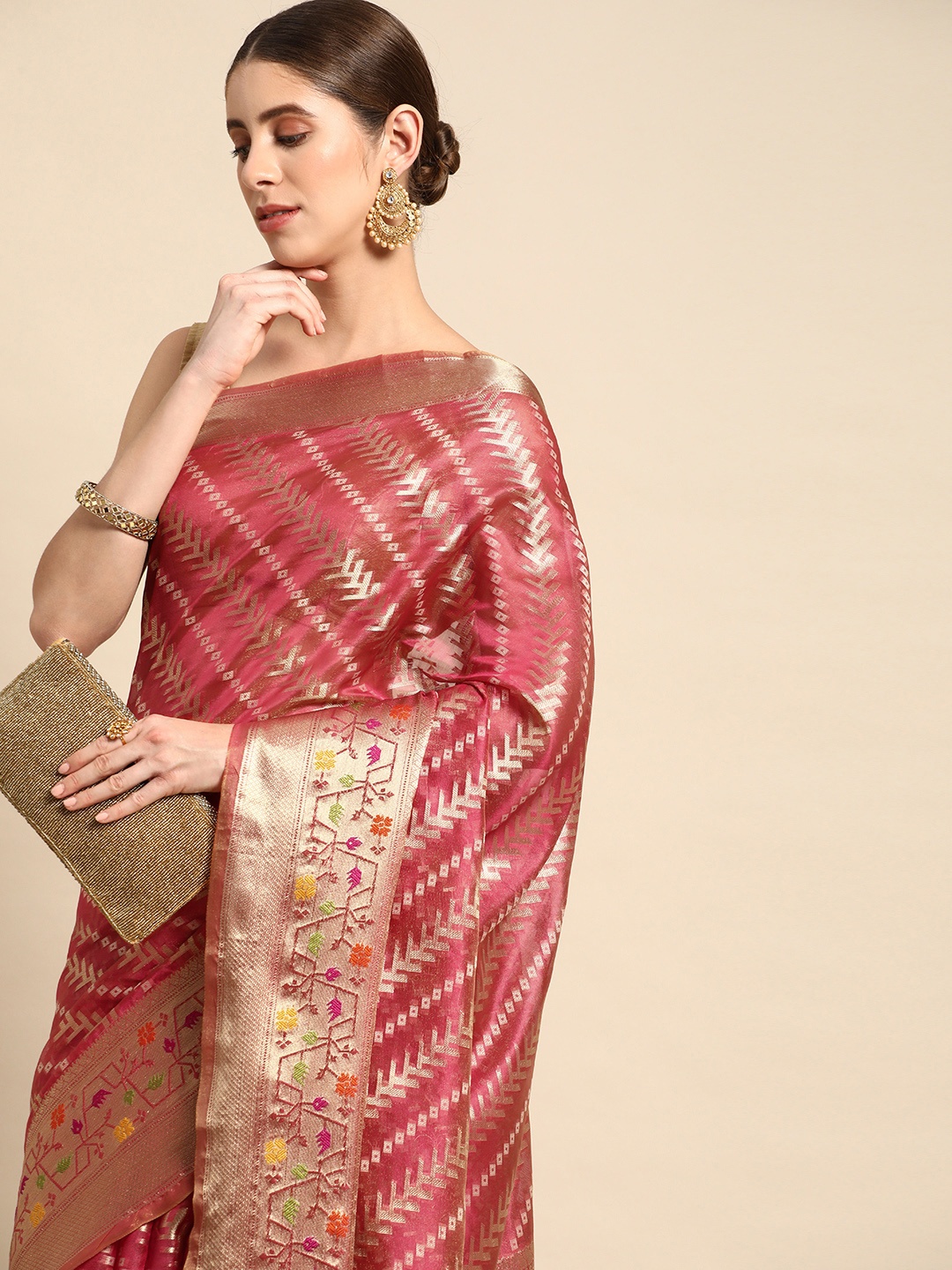 

Mitera Woven Design Zari Organza Kanjeevaram Saree, Pink