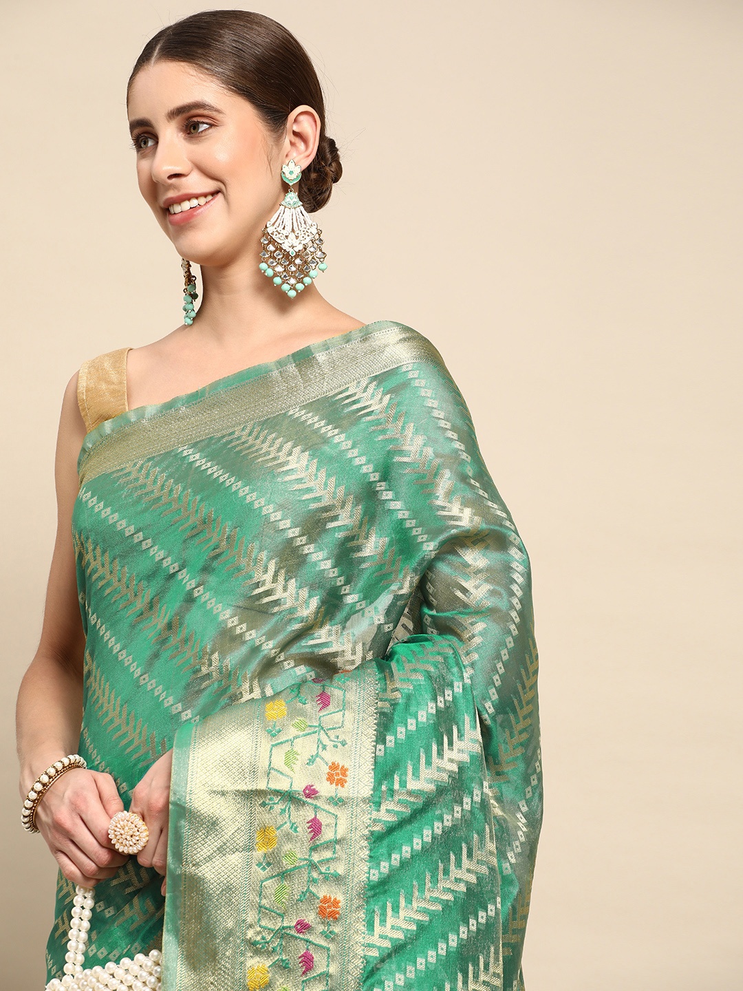 

Mitera Woven Design Zari Organza Kanjeevaram Saree, Green