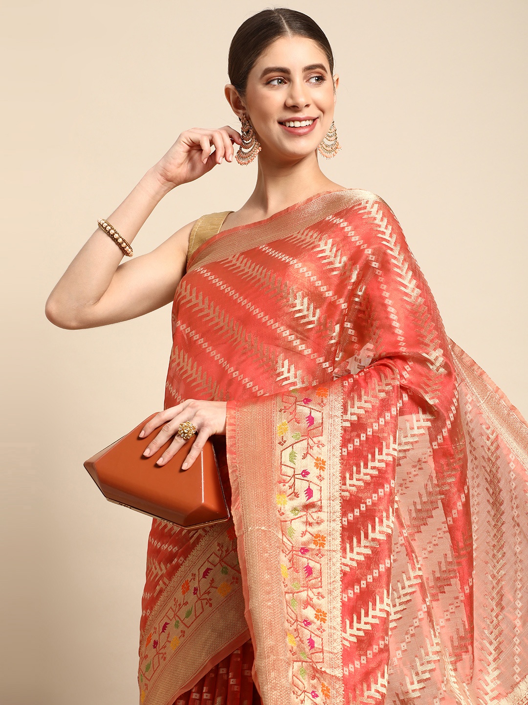 

Mitera Woven Design Zari Organza Handloom Kanjeevaram Saree, Red