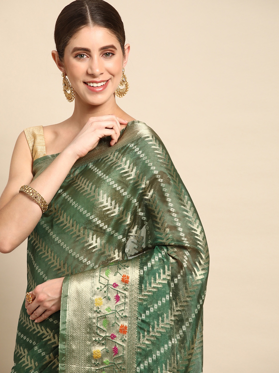 

Mitera Woven Design Zari Organza Kanjeevaram Saree, Green