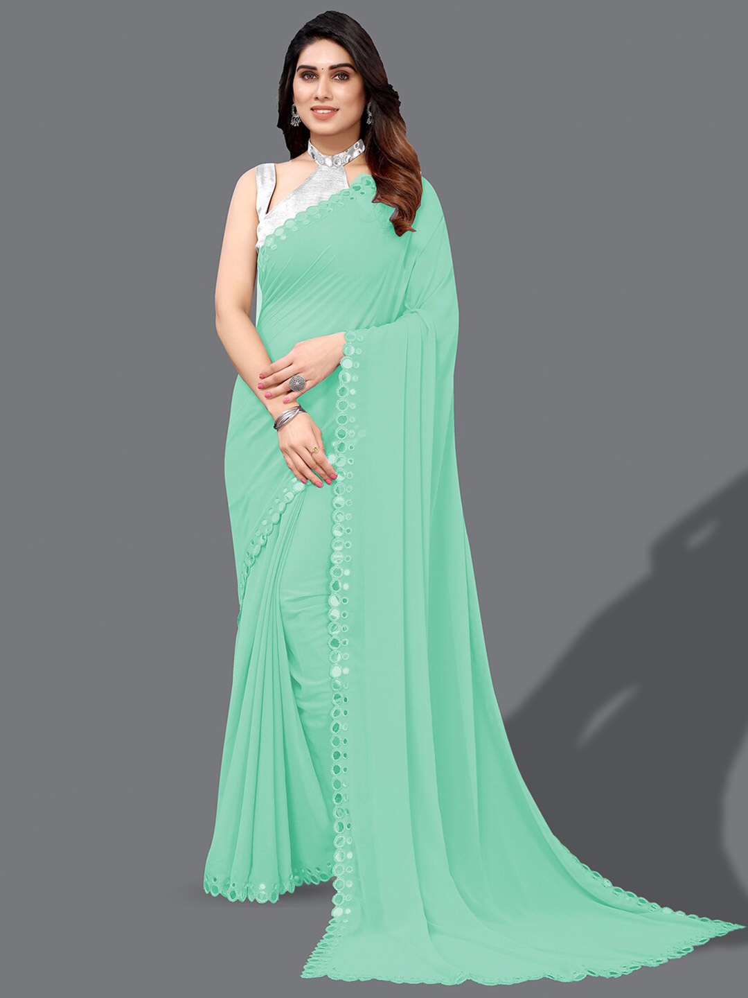 KALINI Mirror Work Saree, Green
