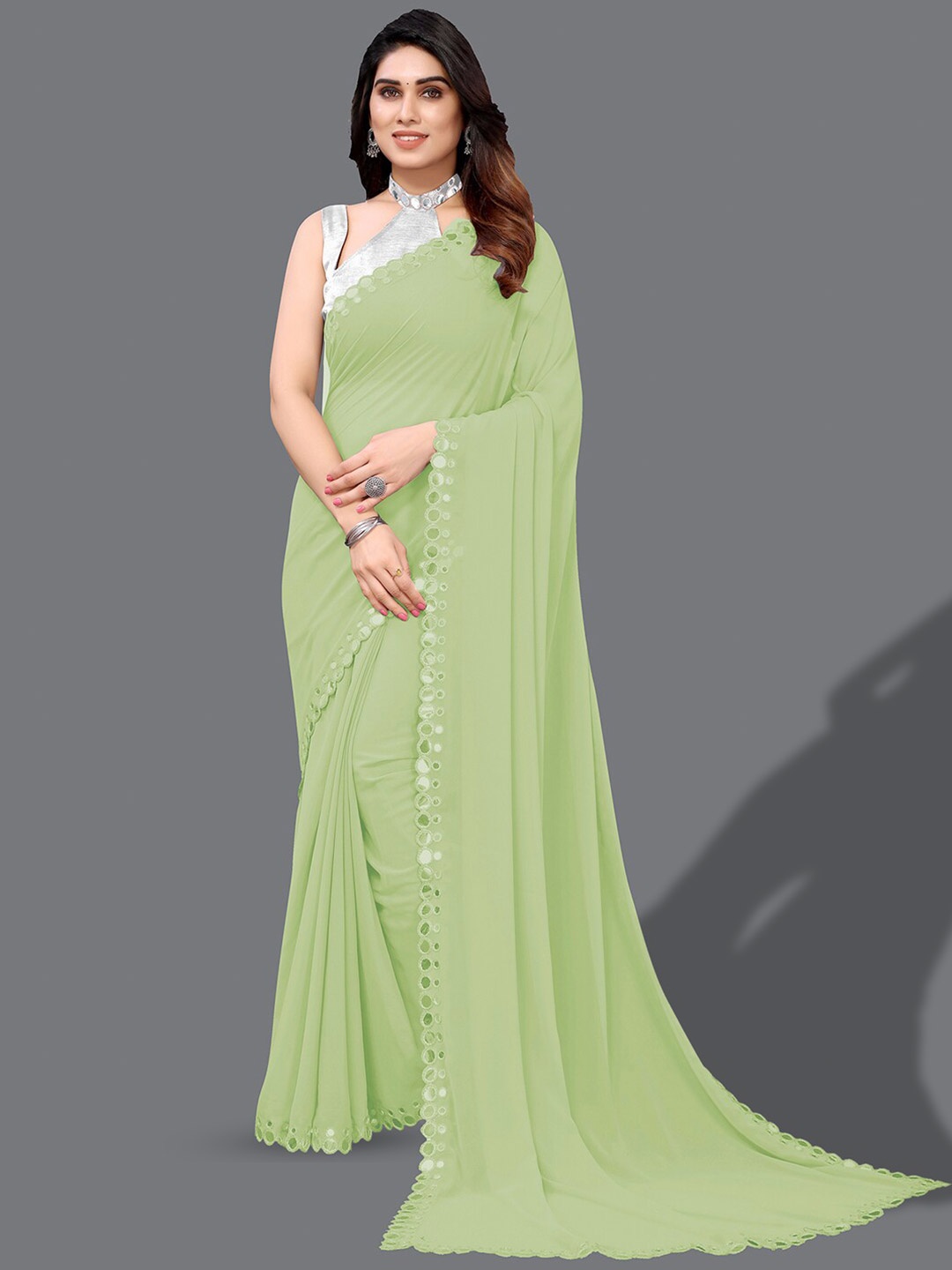 

KALINI Embellished Mirror Work Saree, Green