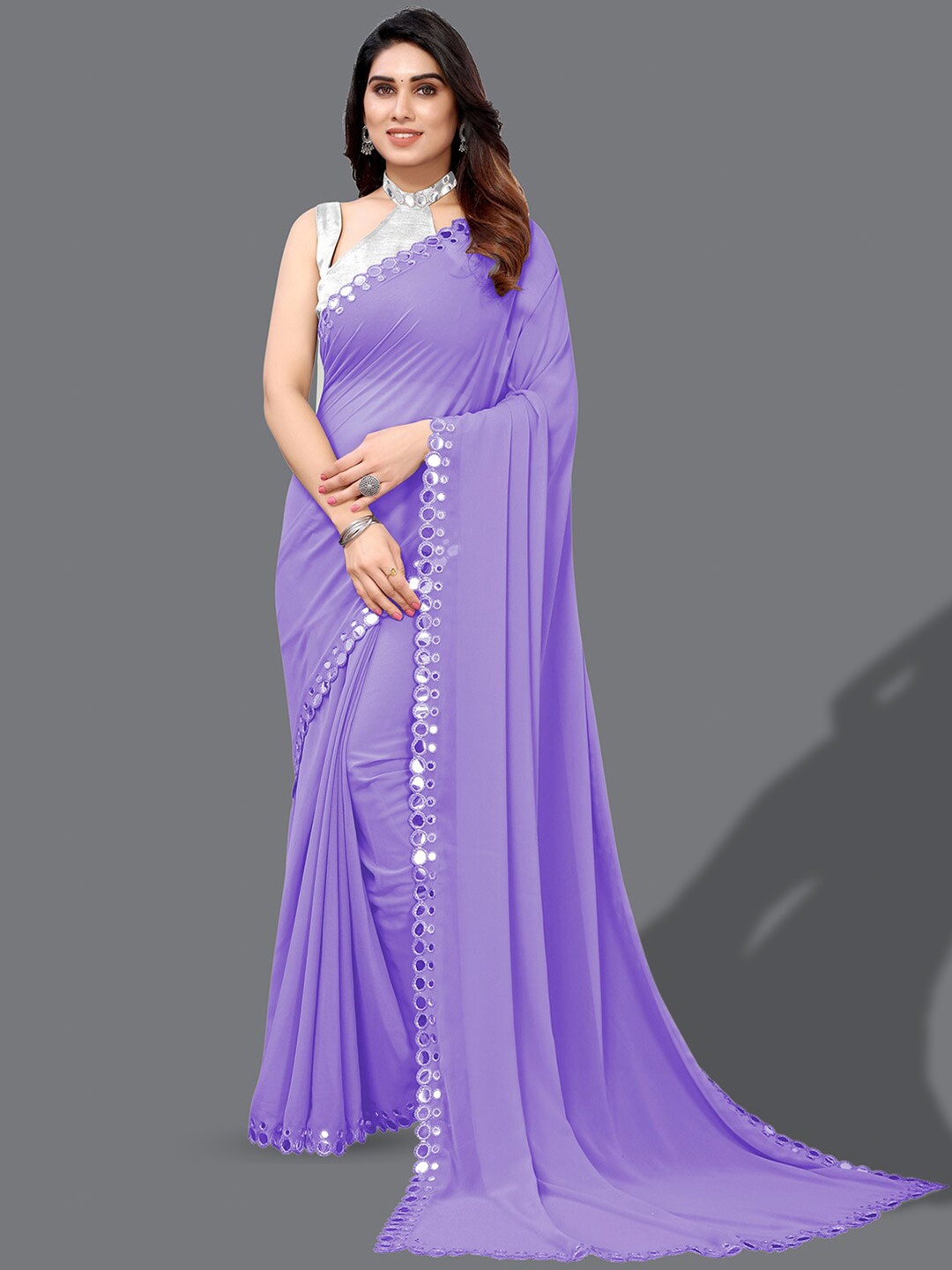 

KALINI Embellished Mirror Work Poly Georgette Saree, Purple