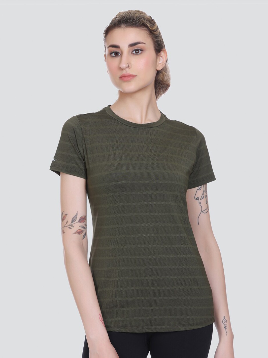 

AGON Women Striped Self Design Slim Fit T-shirt, Olive
