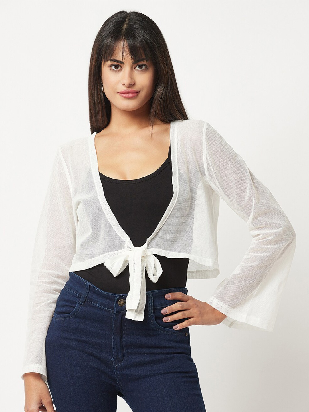 

Espresso Sheer Tie-Up Crop Shrug, Off white