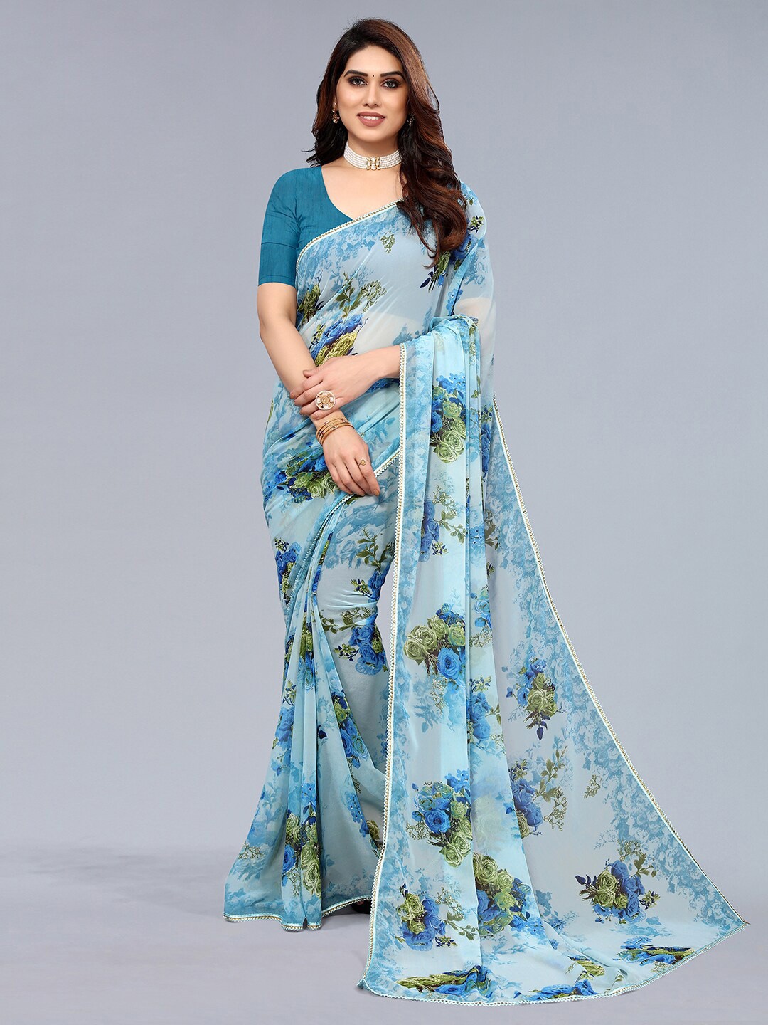 

KALINI Floral Printed Embellished Saree, Blue