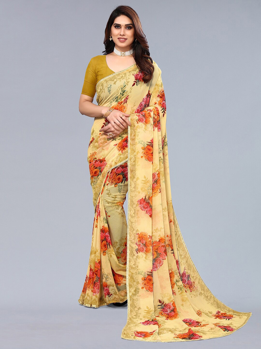 

KALINI Floral Printed Lace Up Detail Saree, Yellow