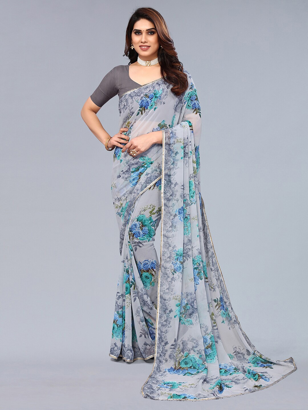 

KALINI Floral Printed Lace Up Detail Saree, Grey