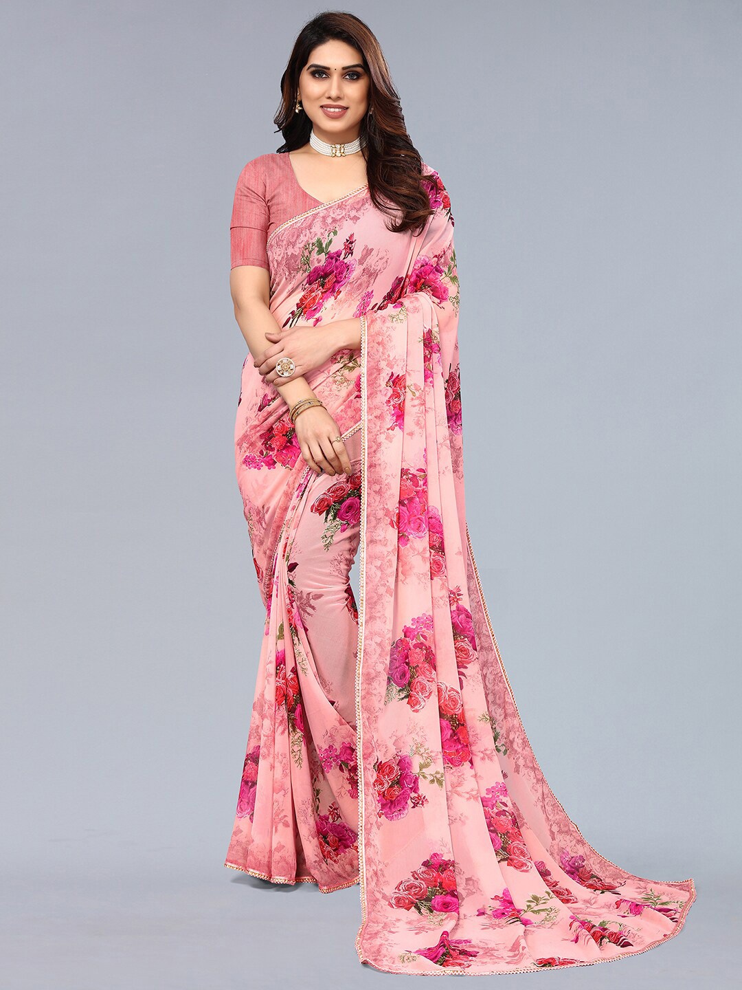 

KALINI Floral Printed Embellished Saree, Pink